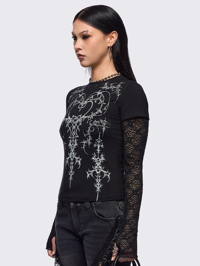 Black layered long sleeve baby tee featuring a grunge sigilism graphic front print and lace contrast sleeves with thumbhole cuffs.