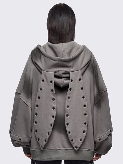 Grey washed layered zip up hoodie with floppy ears hood, "Heaven" embroidery and silver eyelet details.