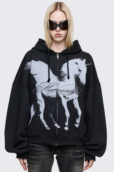 Oversized Black Zip Up Hoodie with Winged Horse Graphic Print