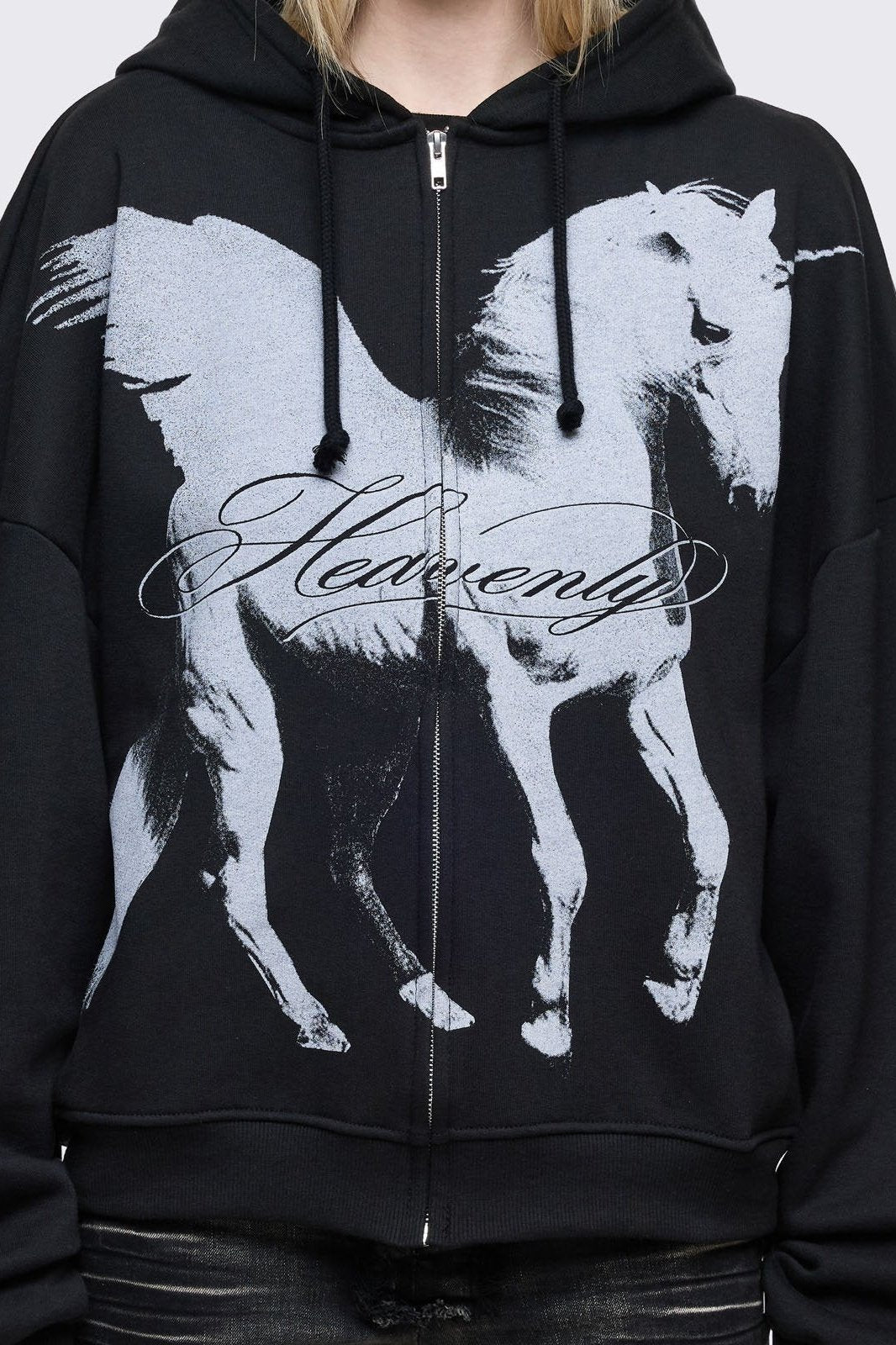 Oversized Black Zip Up Hoodie with Winged Horse Graphic Print