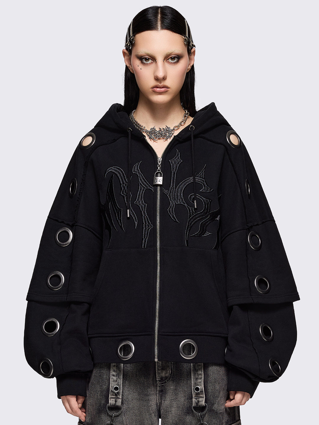 hexa-black-eyelet-zip-up-