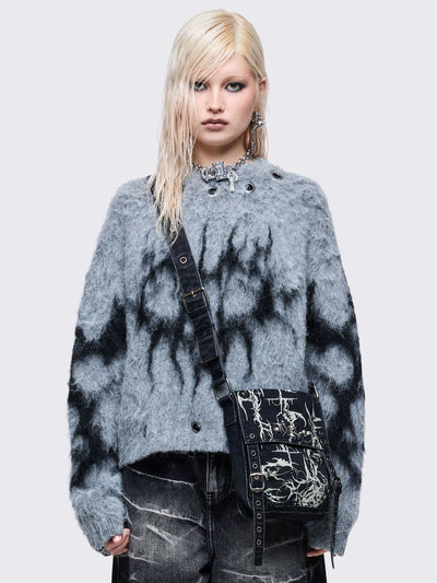 Black washed denim crossbody bag with off-white grunge sigilism graphic print