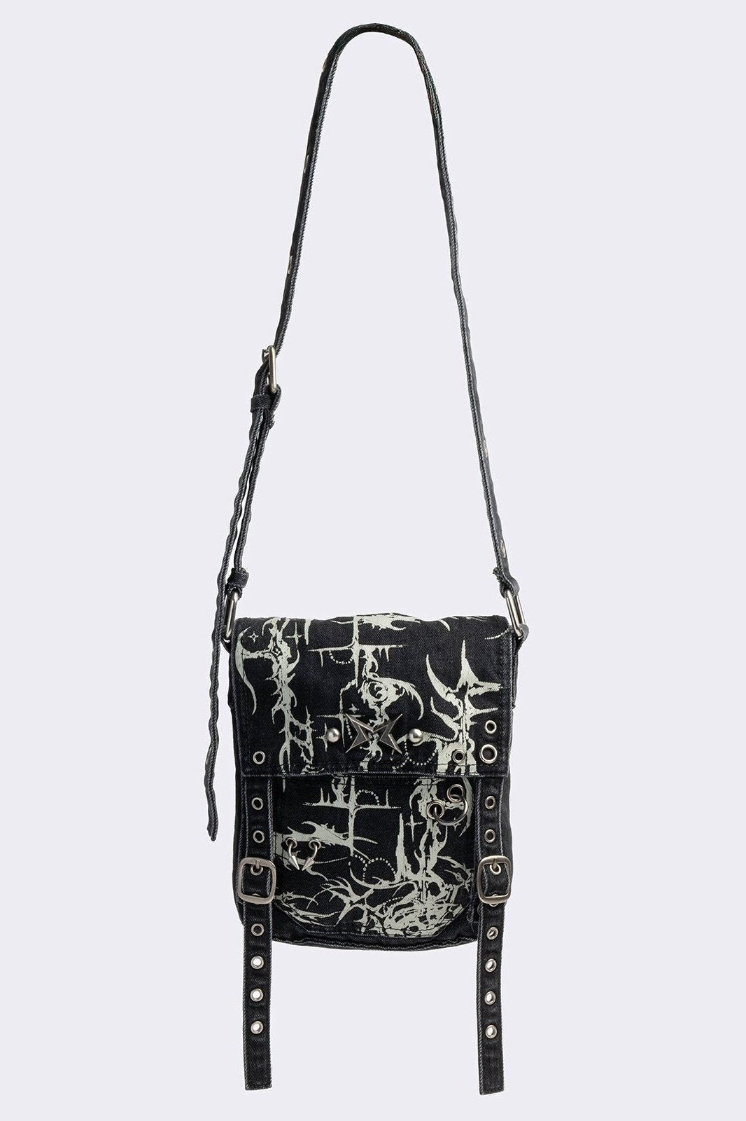 Black washed denim crossbody bag with off-white grunge sigilism graphic print
