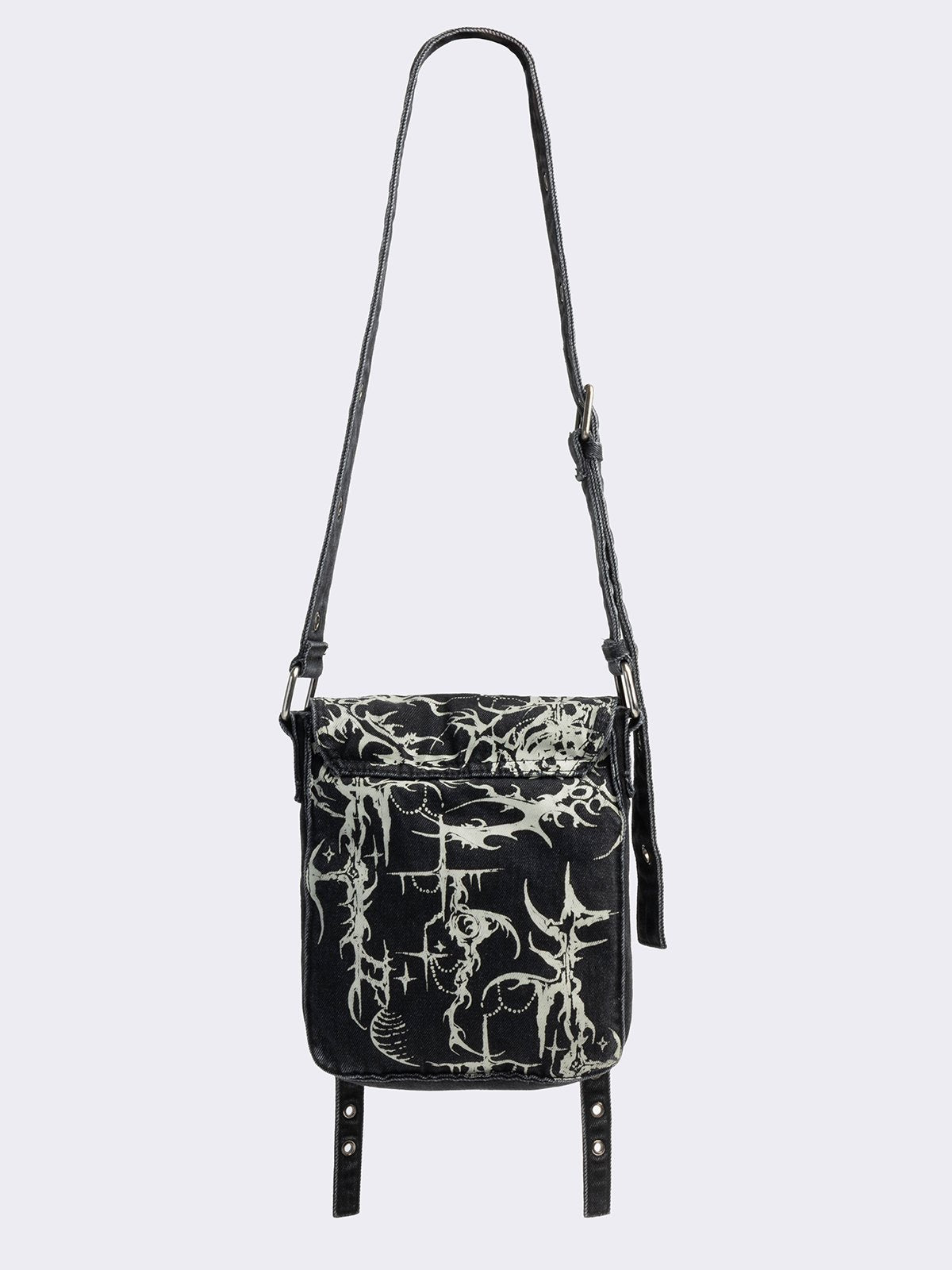 Black washed denim crossbody bag with off-white grunge sigilism graphic print