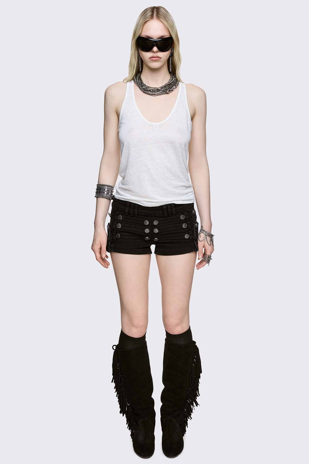Black washed denim micro shorts with military button detailing and low-rise fit in a grunge style.