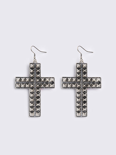 Silver dangle earrings featuring a studded cross design pendants