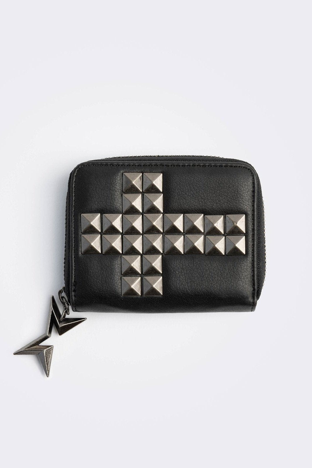 Black faux leather wallet with studded cross design.