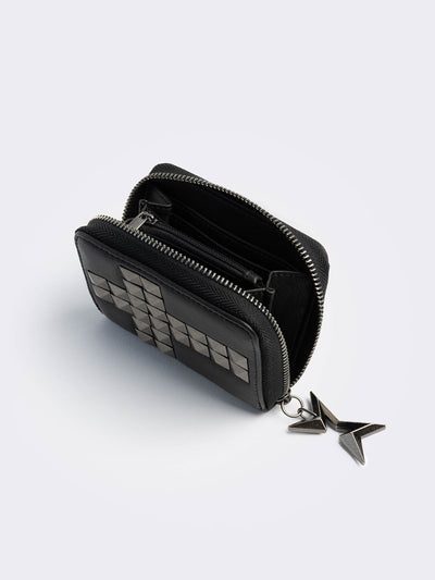 Black faux leather wallet with studded cross design.