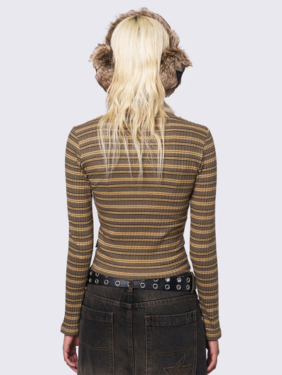 Striped long sleeve ribbed top in honey and brown and half button placket.