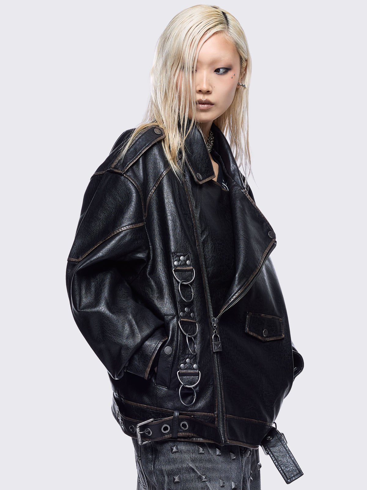 Black washed faux leather biker jacket with metal hardware details
