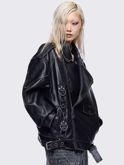 Black washed faux leather biker jacket with metal hardware details