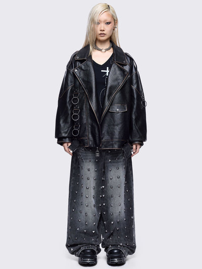 Black washed faux leather biker jacket with metal hardware details