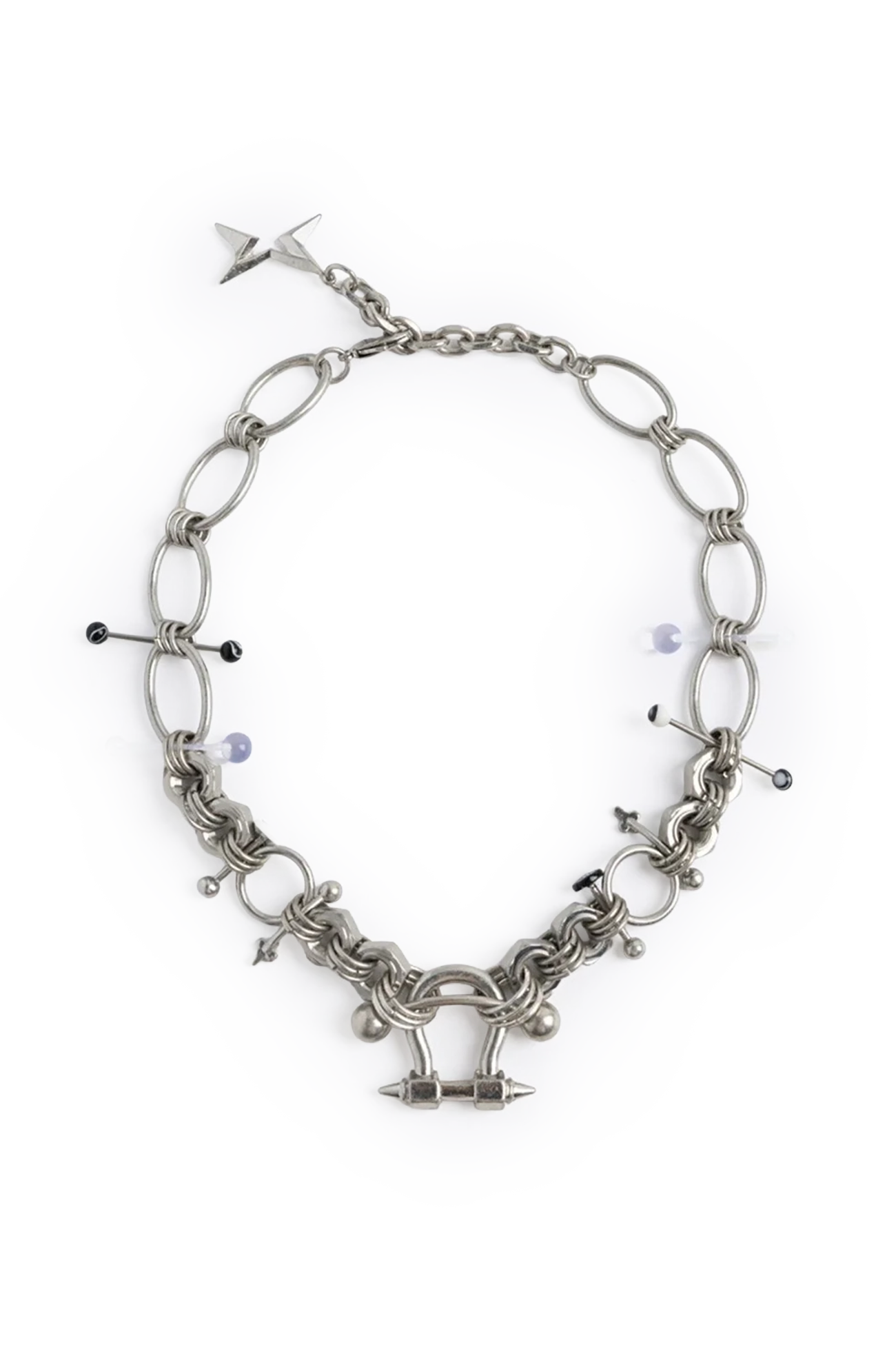 Chunky necklace in antique-silver metal with industrial chain links and piercing charms, grunge goth vibe.