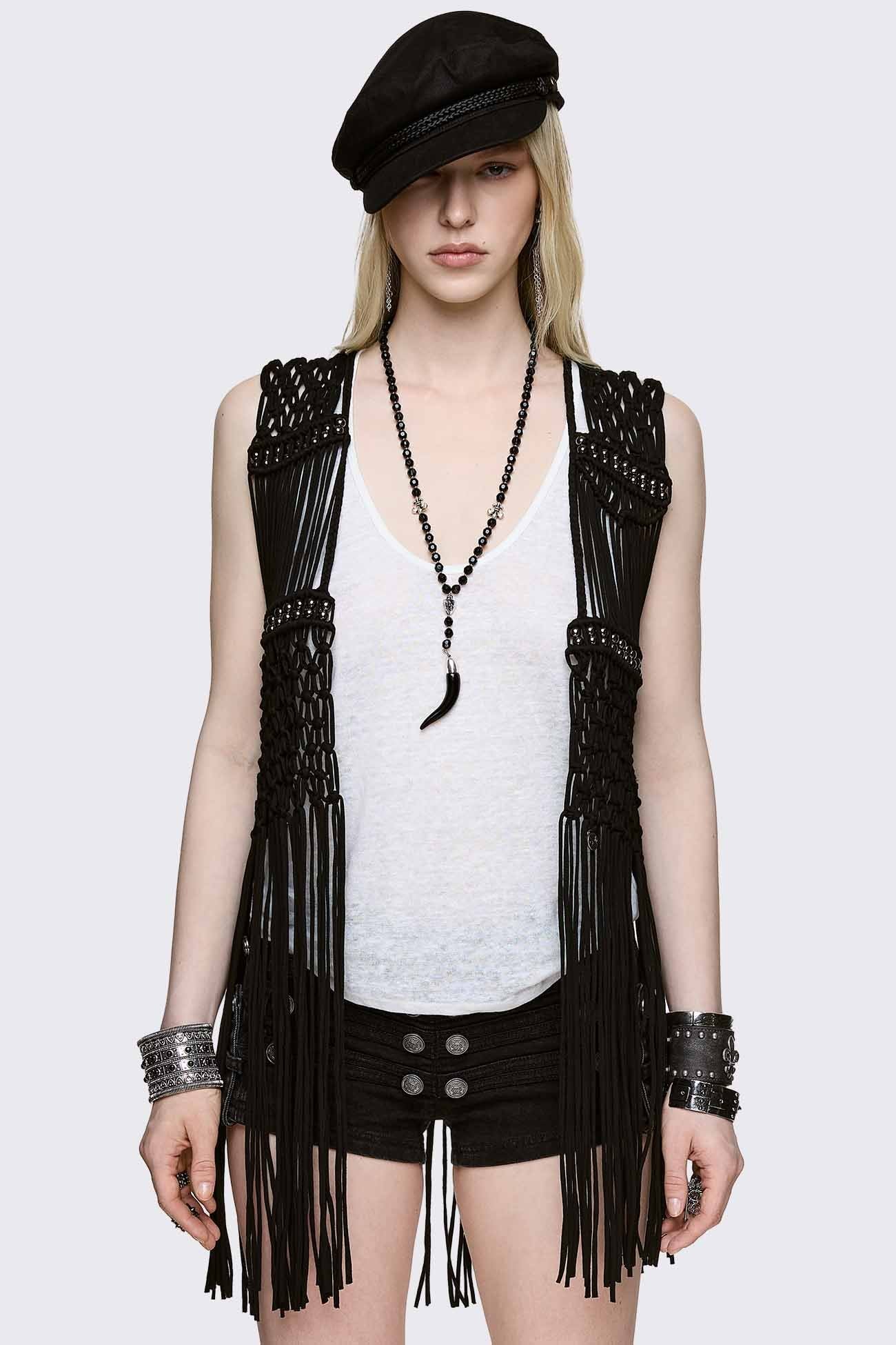 Black cotton macramé vest with fringe, silver bead details and knotted pattern in a grunge boho style.