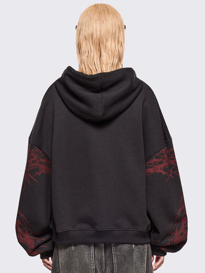 Black zip up hoodie jacket with red sigilism graphic front and sleeves print.