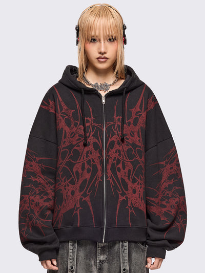 Black zip up hoodie jacket with red sigilism graphic front and sleeves print.
