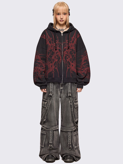 Black zip up hoodie jacket with red sigilism graphic front and sleeves print.