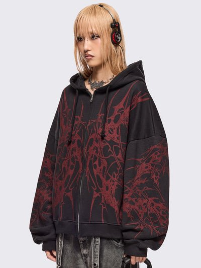 Black zip up hoodie jacket with red sigilism graphic front and sleeves print.