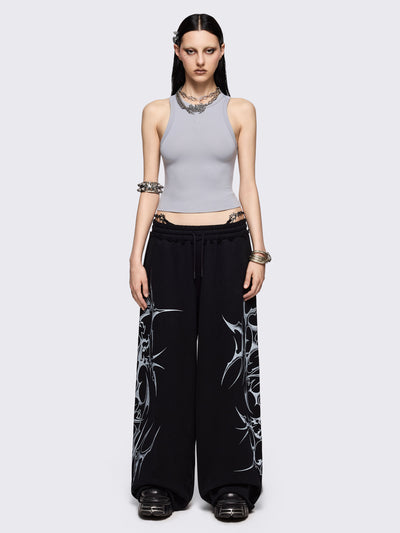 Black wide leg sweatpants with off-white sigilism graphic side print.
