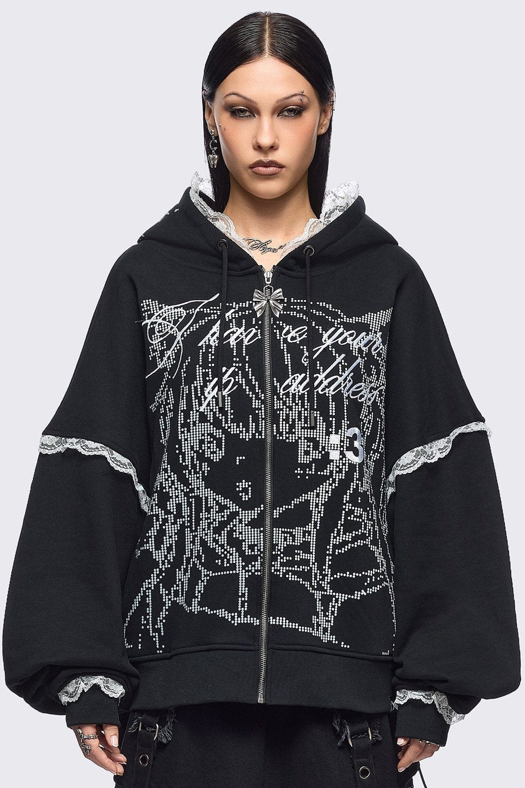Black oversize zip up hoodie jacket with "I have your IP address" embroidery, anime girl ASCII-style graphic print and white lace seam details.