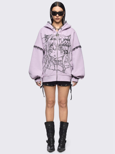 Pink zip up hoodie jacket with "I have your IP address" embroidery, anime girl ASCII-style graphic print and black lace seam details.