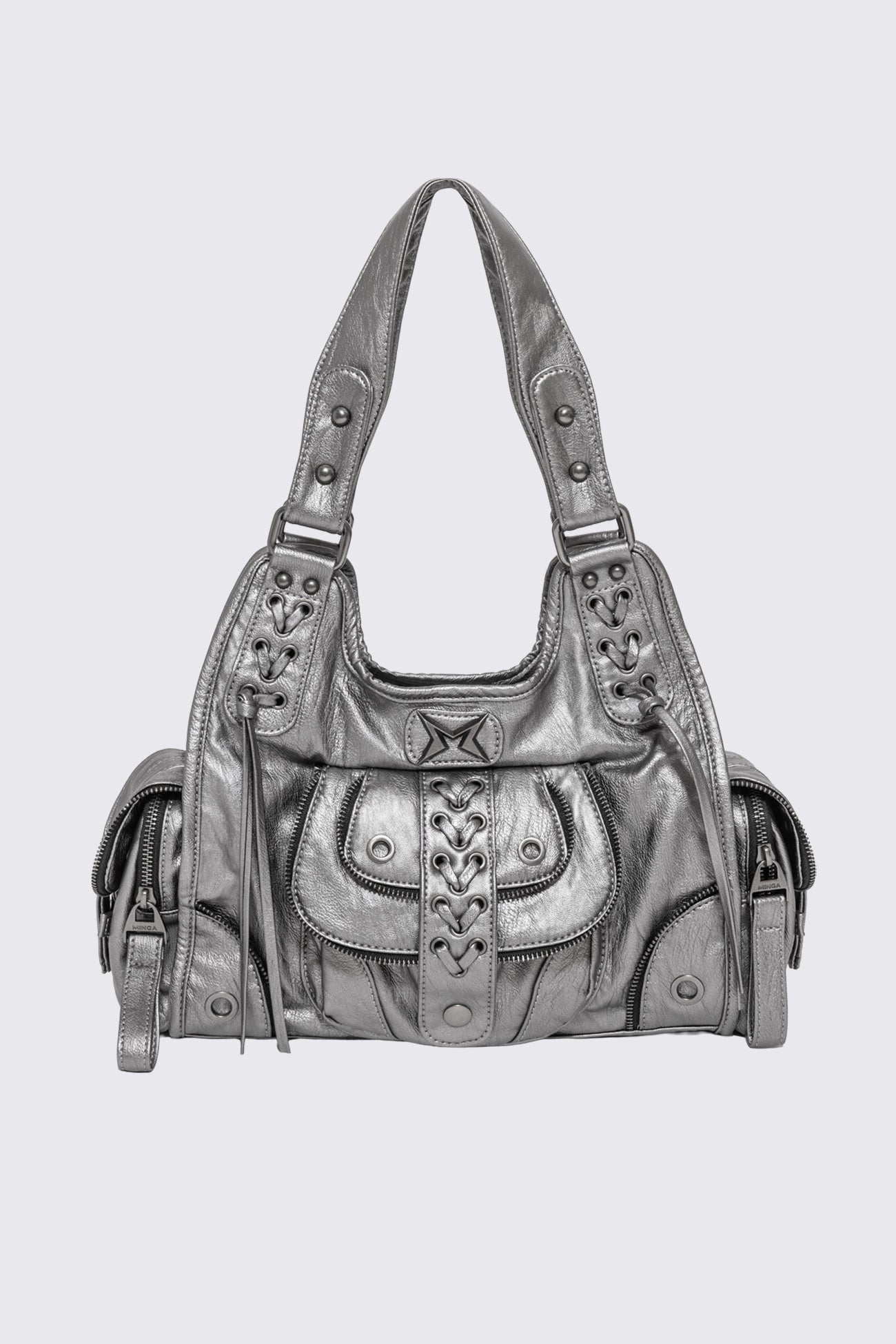 Silver faux leather shoulder bag with lace-up front, zip pockets and antique-silver hardware in a grunge Y2K style.