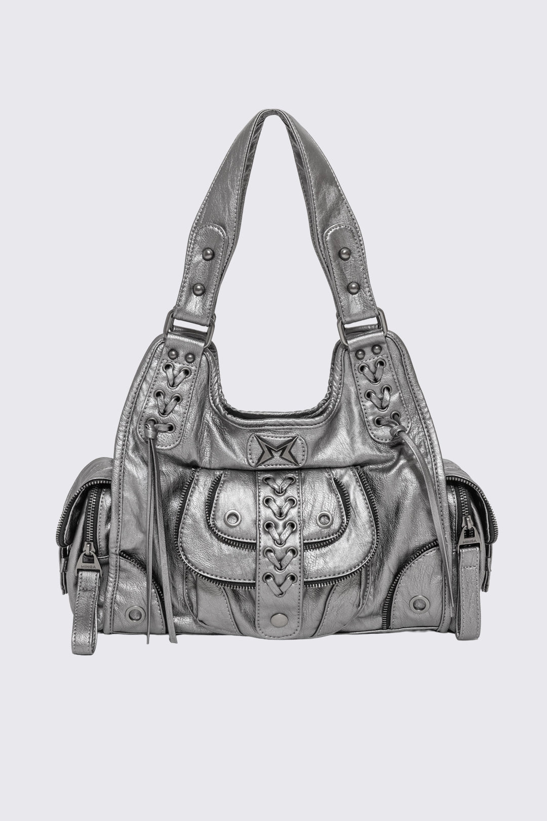 MINGA LONDON バック Silver Shoulder Bag with Lace-Up Pockets | Minga London – Minga