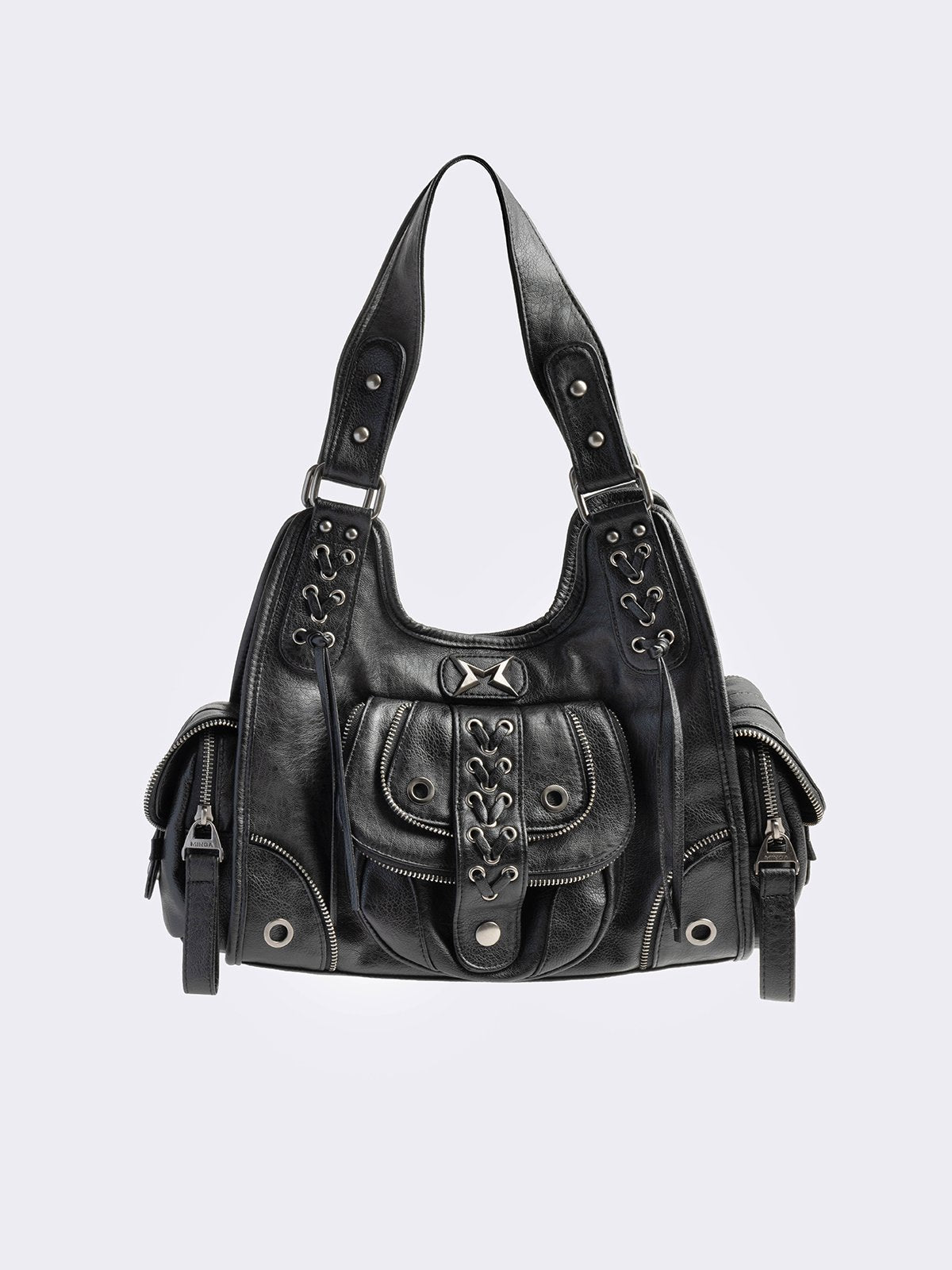 Black faux leather shoulder bag with lace-up, zip and hardware details and multiple pockets