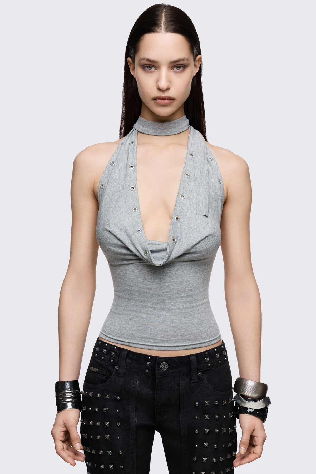 Marl gray viscose halter top with plunge cowl neck, scarf and eyelet detail, open-back grunge style.