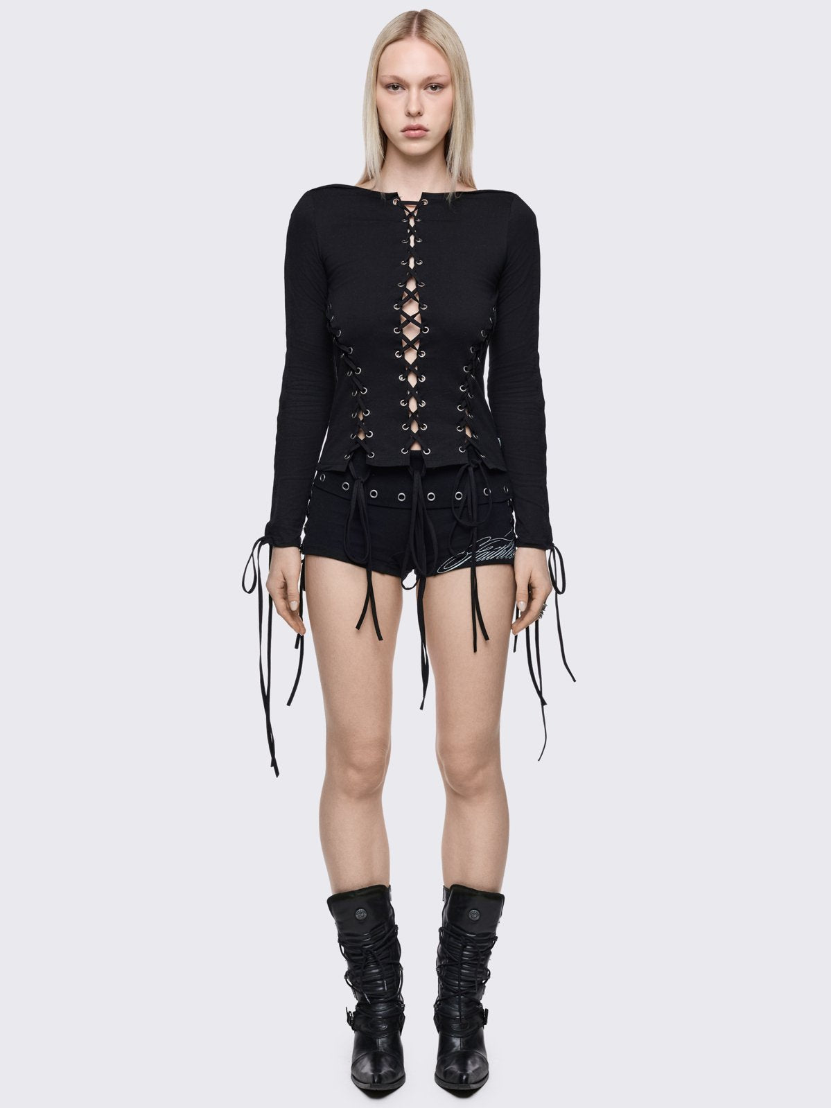 Black long sleeve lace-up top.