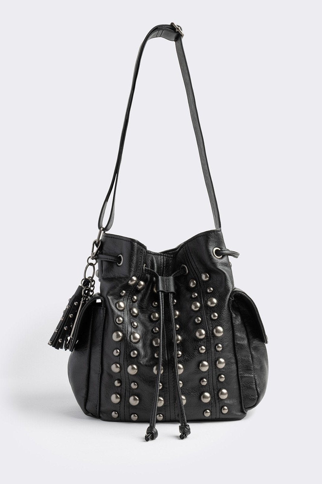 Black faux leather bucket bag with removable charm keychain and silver stud details.  
