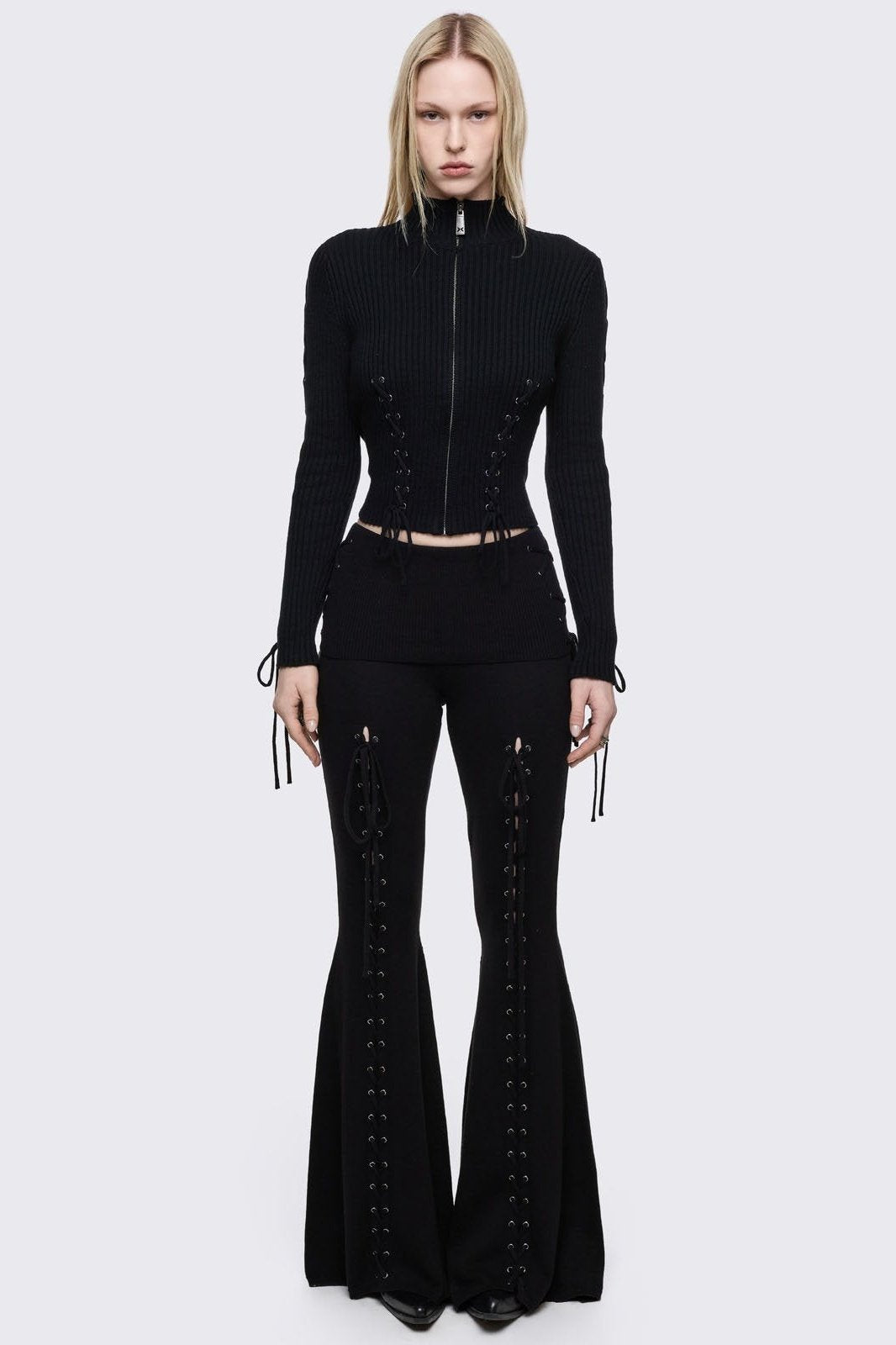 Black Flare Pants with Lace-Up Corset Detail | Minga London