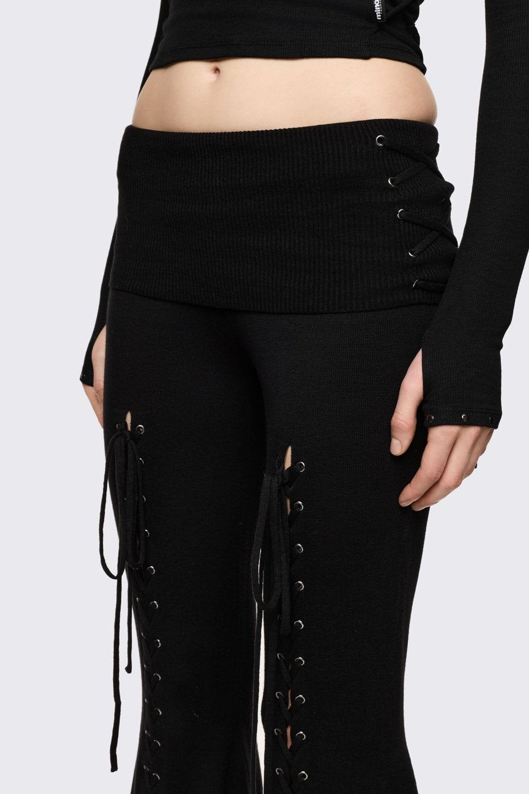 Black Flare Pants with Lace-Up Corset Detail | Minga London