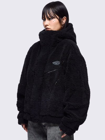 Black fleece hoodie jacket featuring grey piping and high neck hood.