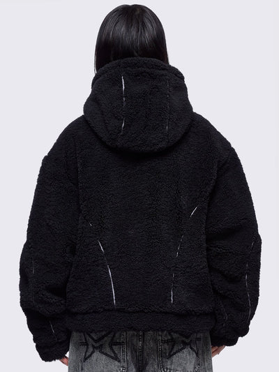 Black fleece hoodie jacket featuring grey piping and high neck hood.