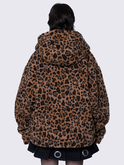 Leopard print borg fleece jacket with zip-up front, hood, and oversized fit. Ideal for indie sleaze and Y2K-inspired streetwear.