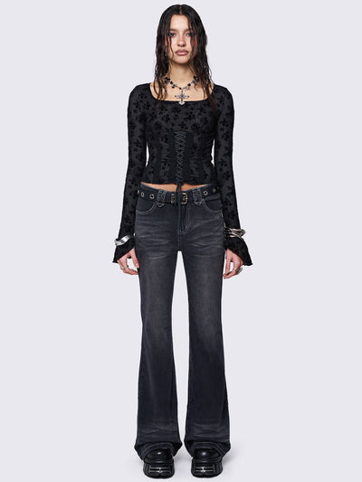 Mesh top in black with all over velvet floral print and lace up front design