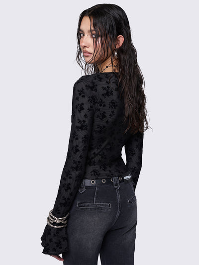 Mesh top in black with all over velvet floral print and lace up front design