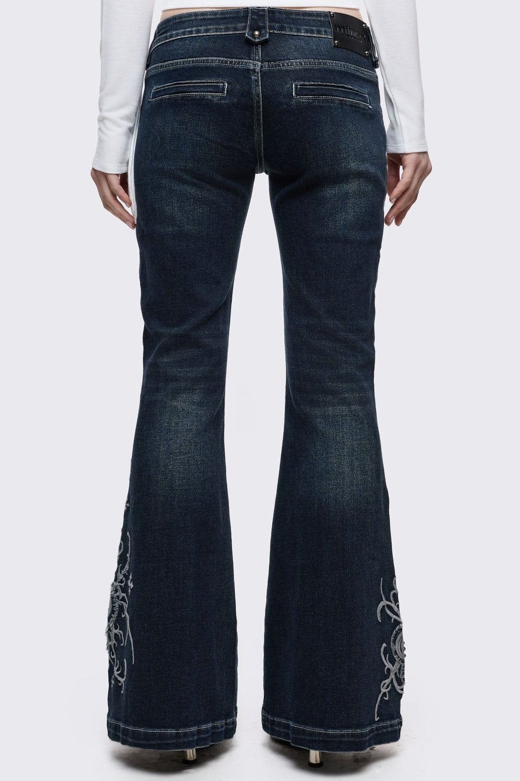 Dark Blue Wash Gothic Embroidered Flared Jeans | Minga London