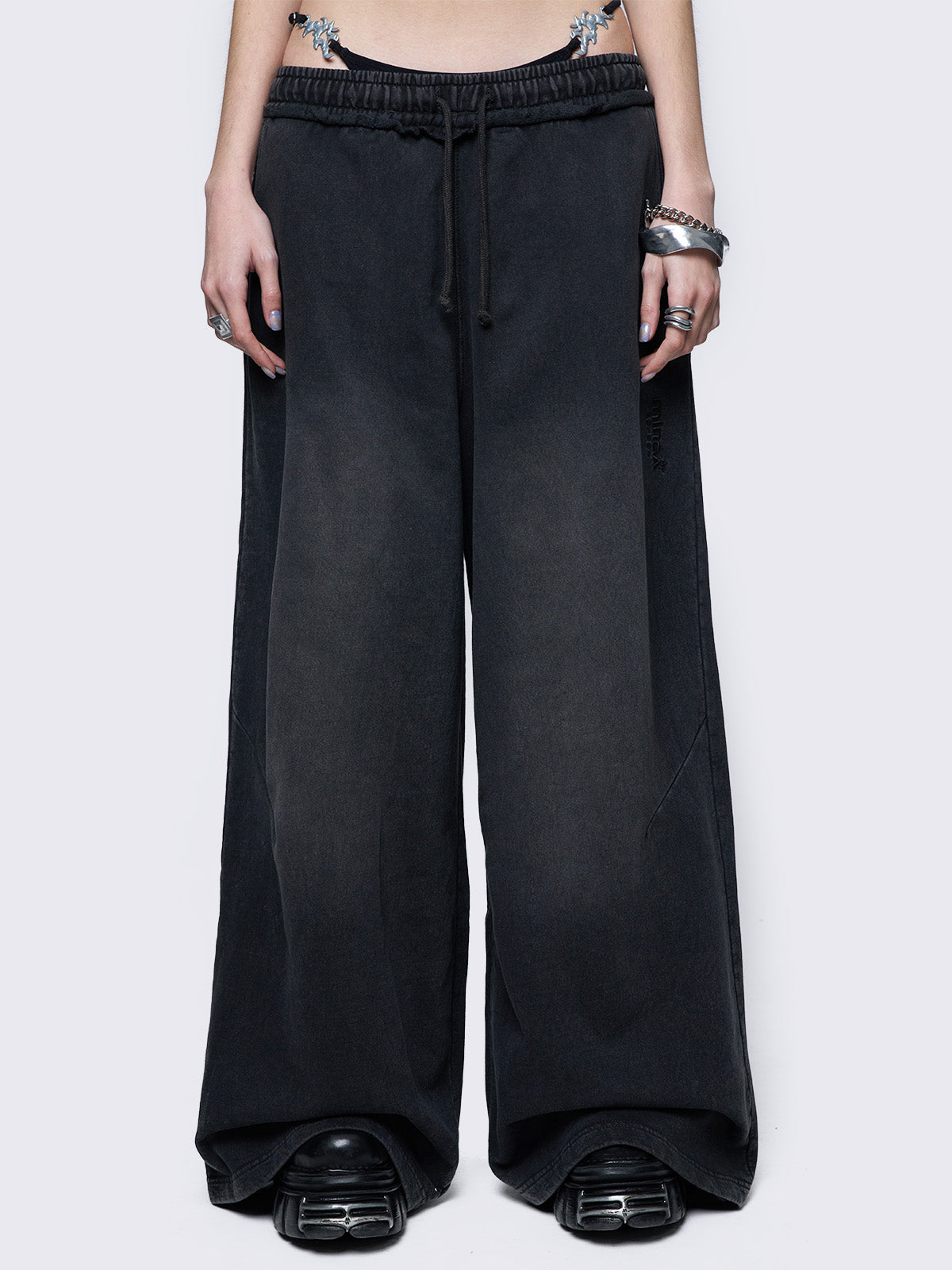 Baggy wide leg joggers in washed black with elasticated drawstring waist. 