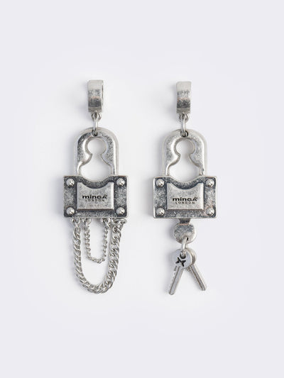 Chunky silver padlock pendant hoop earrings.