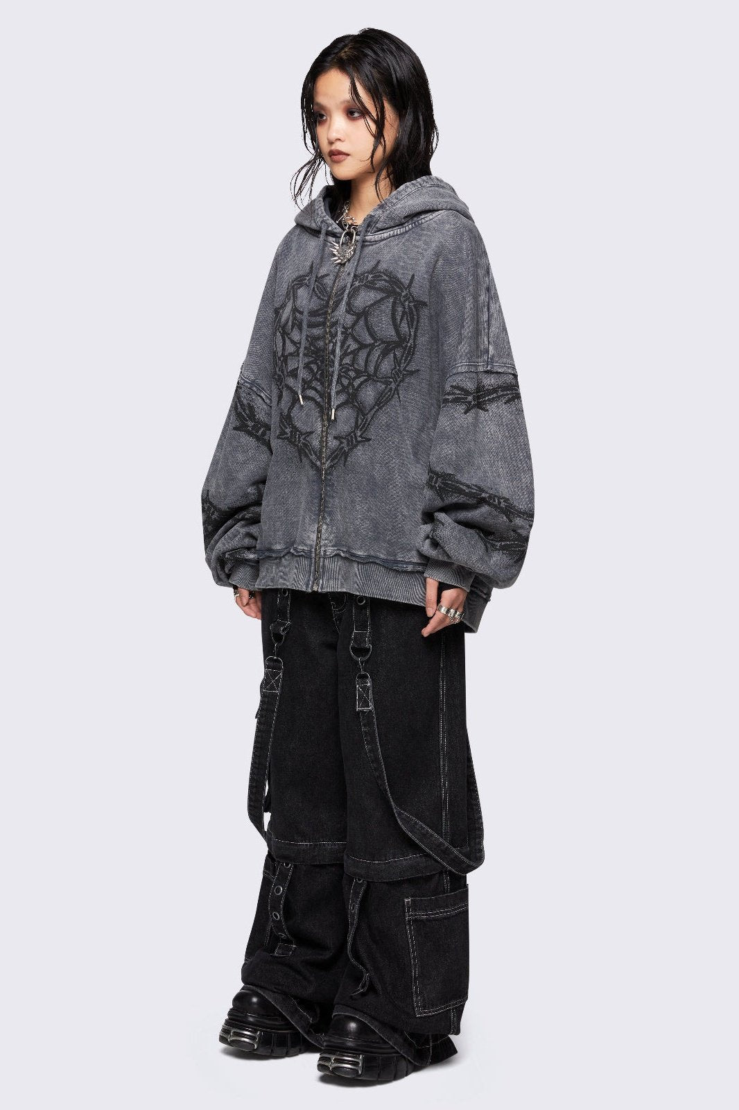 Grey Barbed Wire Spiderweb Graphic Zip-Up Hoodie | Minga London
