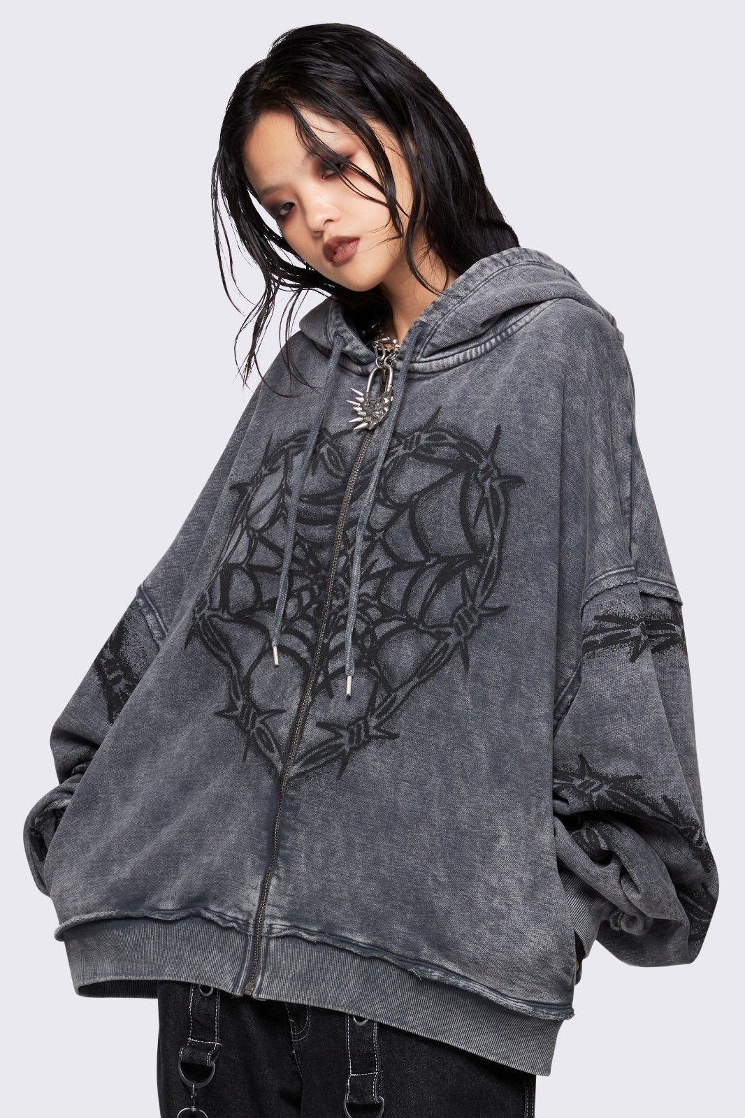 Grey Barbed Wire Spiderweb Graphic Zip-Up Hoodie | Minga London