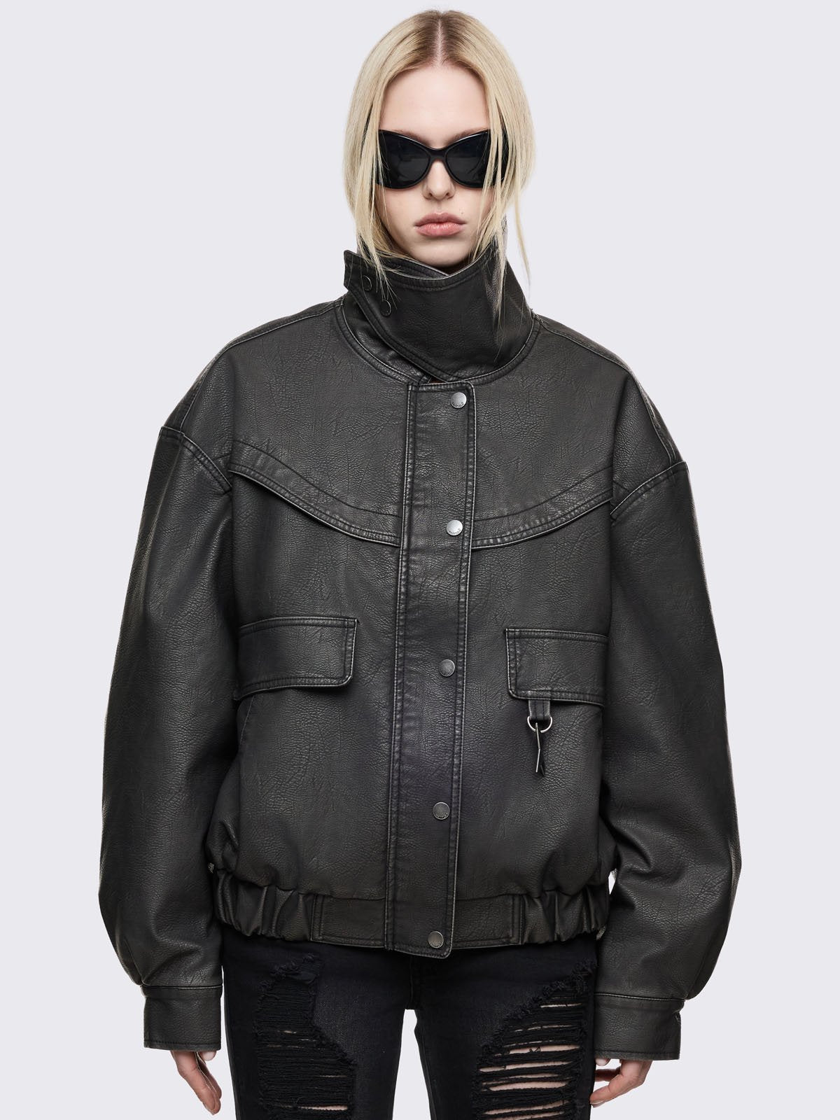 Black faux leather boxy oversized bomber jacket
