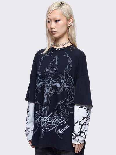 Black washed layered long sleeve t-shirt featuring "Made in hell" and cross graphic print, contrast off-white sleeves with sigilism print and silver eyelet and spike details.