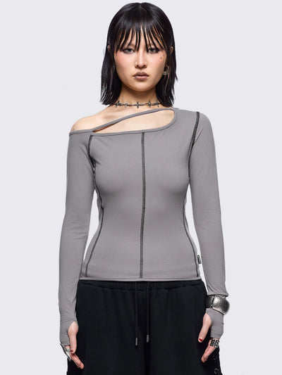 Grey cold shoulder top with cut out details and black contrast stitching.