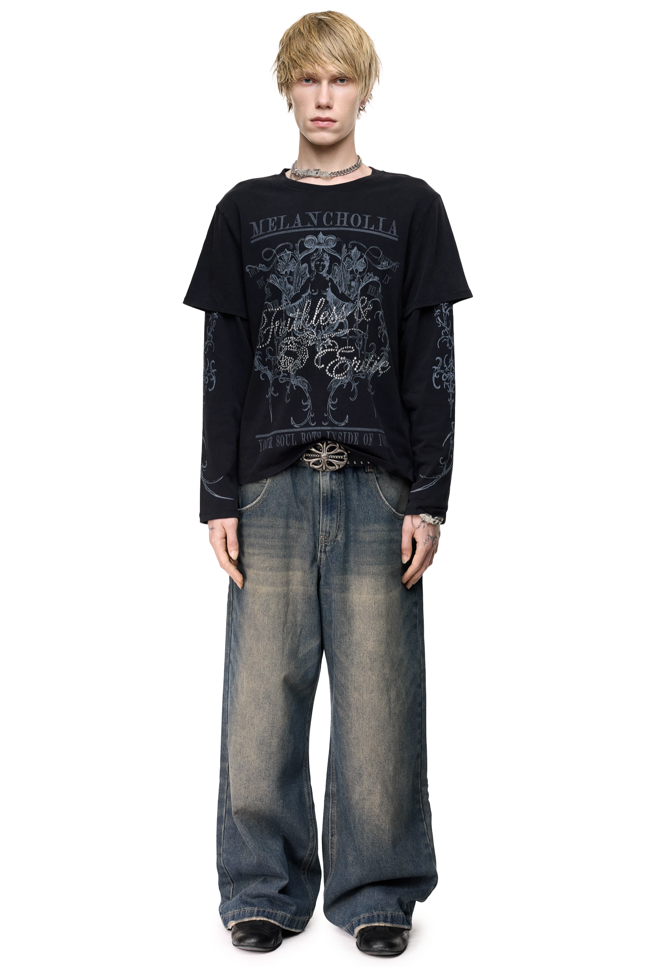 Black layered long sleeve T-shirt with Melancholia graphic print, rhinestone text, printed sleeves and relaxed fit.
