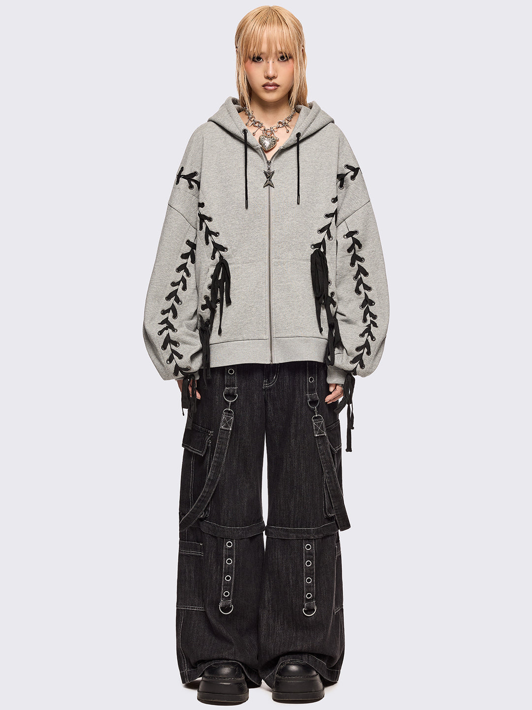 miya② Grey Oversized Zip Up Hoodie with Black Lace Up Details
