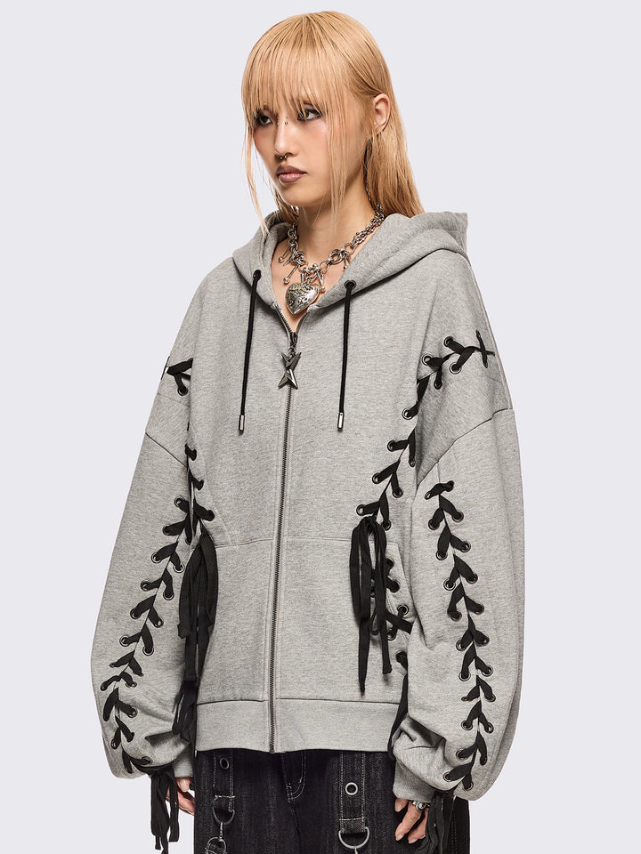 Grey Oversized Zip Up Hoodie with Black Lace Up Details