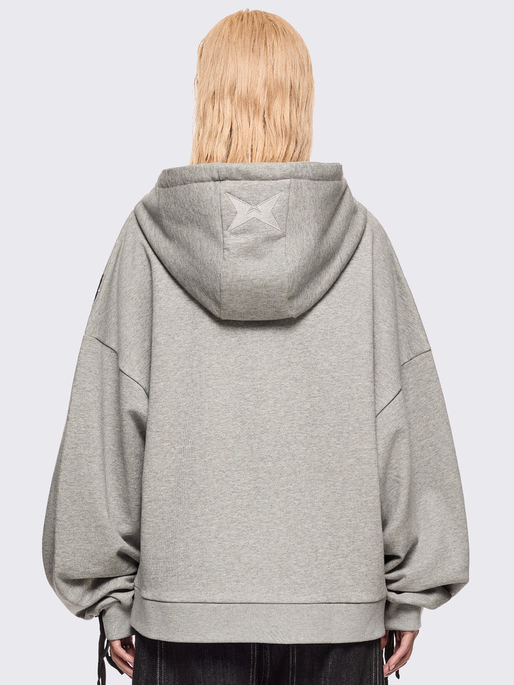 Grey Oversized Zip Up Hoodie with Black Lace Up Details